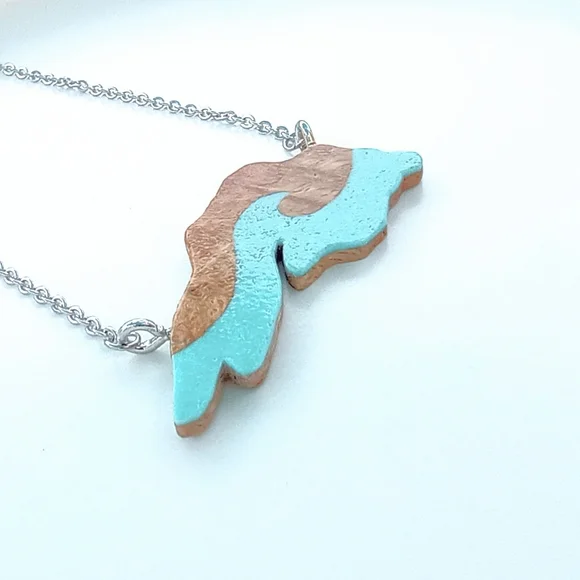 Wood and Turquoise Lake Superior Necklace - Picture 3 of 3